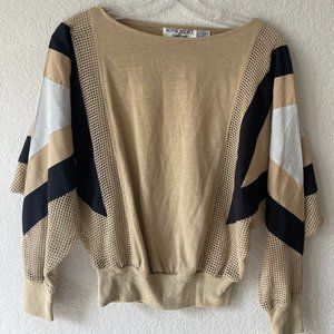 1980s Mesh Dolman Long Sleeve Top Tan/Black/White